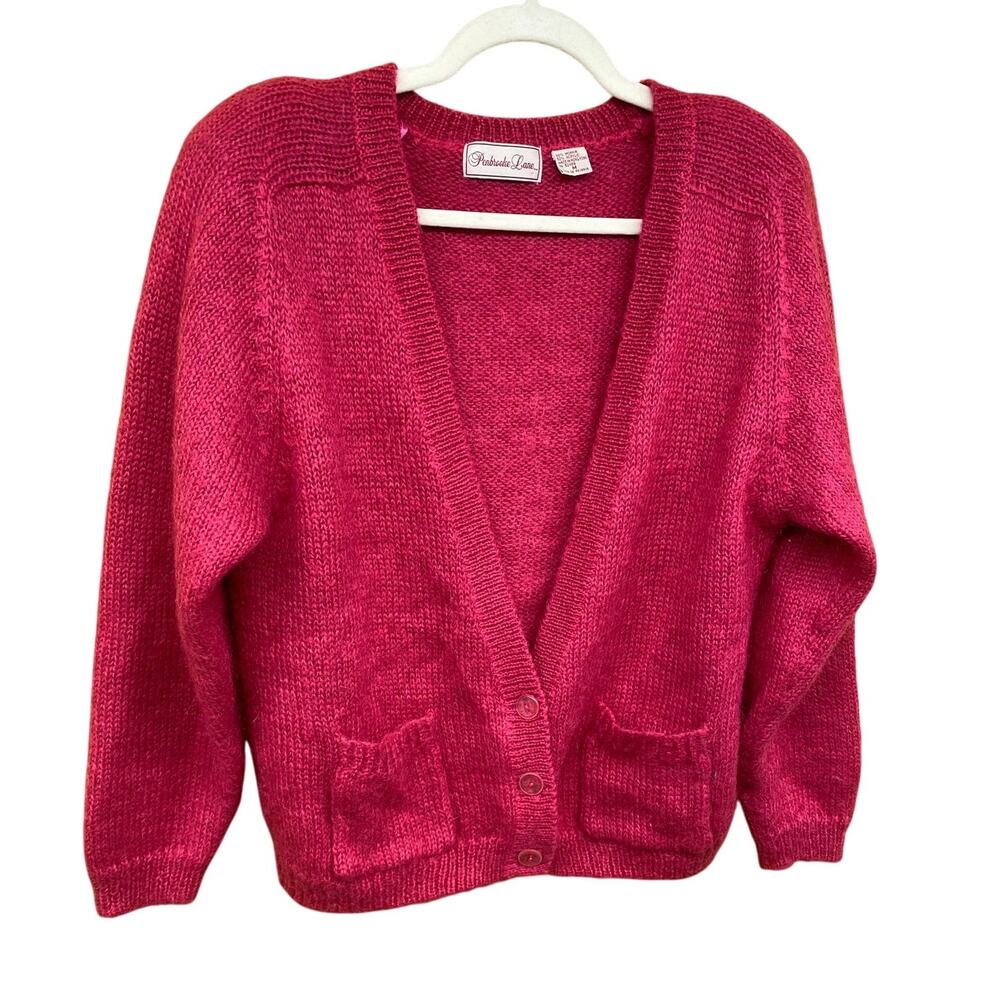 Vintage 80s Penbrooke Lane Women Hot Pink Fuchsia Pocket Medium Cardigan Mohair